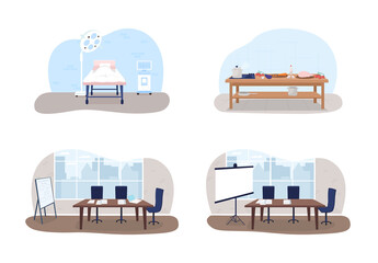 Seminars 2D vector web banner, poster set. Operation room. Classroom for hobby learning flat scene on cartoon background. Workshop spaces printable patch, colorful web element collection