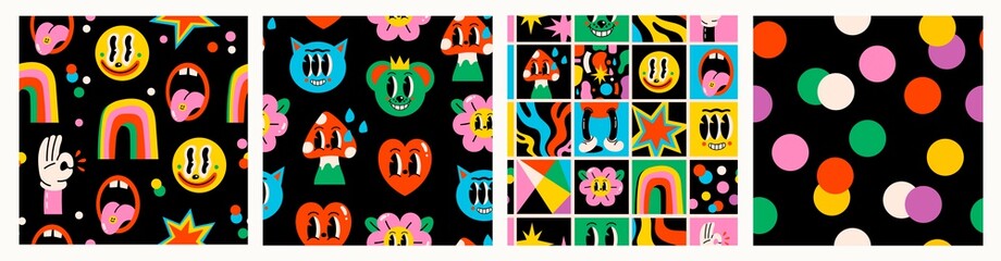 Hand drawn Abstract faces, hearts, mushroom, flower, funny cute Comic characters. Hand drawn Vector illustartions. Cartoon style. Flat design. Set of Square Seamless Patterns. Backgrounds, wallpapers