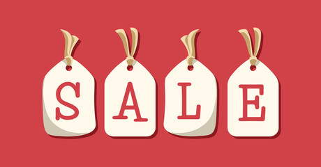 Hanging beige paper tags spelling the word SALE in red background vector illustration. Announcement banner sign for promotions, discount, online shopping etc.