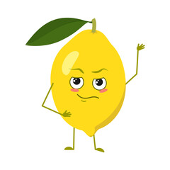 Cute lemon characters with emotions, face, arms and legs. Spring or summer decoration. The funny or proud, domineering citrus hero, yellow fruit