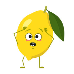 Cute lemon characters with emotions in a panic grabs his head, face, arms and legs. Spring or summer decoration. The funny or sad citrus hero, yellow fruit