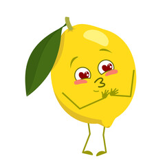 Cute lemon characters falls in love with eyes hearts, face, arms and legs. Spring or summer decoration. The funny or smile emotions citrus hero, yellow fruit