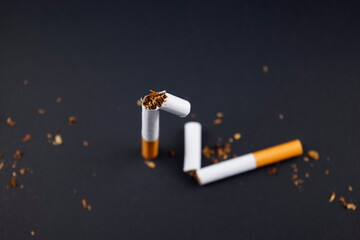 Breaking, destroying cigarettes, smoking tobacco flat lay on black grunge texture background. For any smoking concepts, World No Tobacco Day or WNTD, on 31 May, or the dangers of using tobacco ideas.