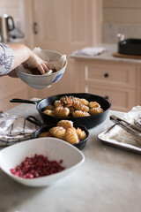 Roast meal on rustic country timber dinner table
