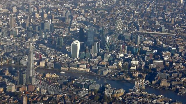 London cityscape aerial from airplane