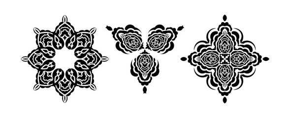 Set of circular ornament, filled silhouette. Isolated on white background.