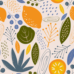 Seamless pattern with abstract fruit and floral elements
