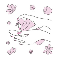 Aesthetic vector art for background, poster or logo. Beautiful female hands with manicure holding a bottle of lotion or cleanser. Pink flowers. Perfume.