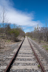 Obraz premium A Railroad Tracks at Don Valley Brick Works Park in Spring