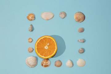 Summer composition made of sea shells and oranges with a place to write on a light blue background. Minimal flat lay.