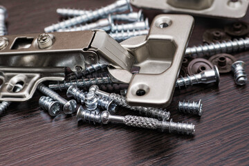 Closeup of various furniture fittings. Concealed hinge and various screws.