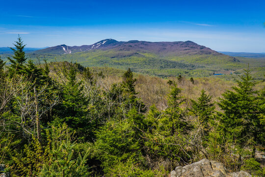 View in spring on Mont Orford from the summit of Mont Chauve, a small mountain in Mont Orford National Parj in Quebec, Canada