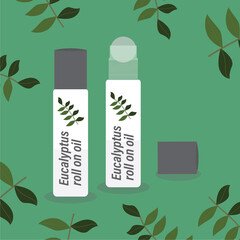 Illustration vector graphic of two Eucalyptus roll on oil with Eucalyptus leaves background