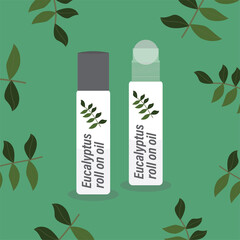 Illustration vector graphic of two Eucalyptus roll on oil with Eucalyptus leaves background