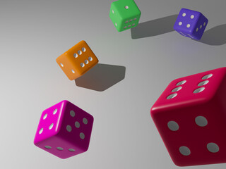 Multi colored dice on white background.