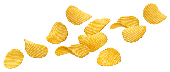 Falling ridged potato chips isolated on white background