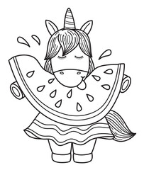 Vector little unicorn girl cartoon, eating watermelon. Black silhouettes for kid's coloring.