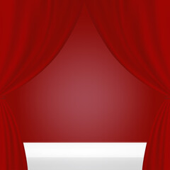 blank scene with a red curtain and white floor. 3d illustration.