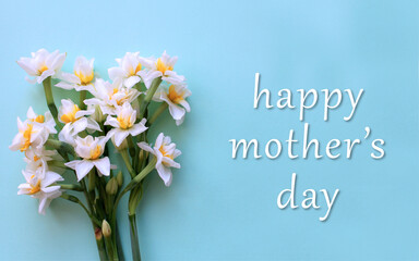 Happy mothers day text background with bouquet of white flowers