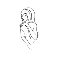 Woman abstract silhouette, continuous line drawing, face of the girl is a single line on a white background, Vector illustration. Tattoo, print and logo design for a spa or beauty salon. Line art.