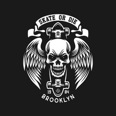 Skateboarding t-shirt design with aggresive skull and wings. Urban skating. Skateboard typography. Skate or die slogan. Vector vintage illustration.
