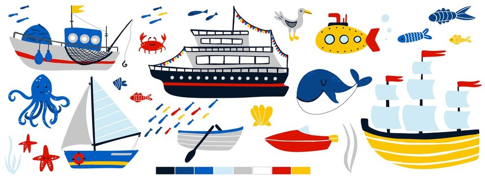 Ships and underwater animals set. Cartoon hand drawn sail childish collection. Yacht, sailboat and submarine, fish and octopus, kids design elements. Baby adventure and travel vector isolated set