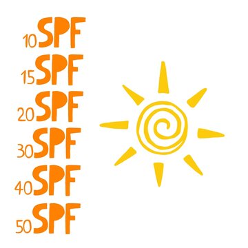 SPF sun set. Hand drawn doodle solar symbols, uv protection emblem labels, yellow sings with black letters and numbers, icons for sunscreen products and skin cosmetics, vector isolated illustration