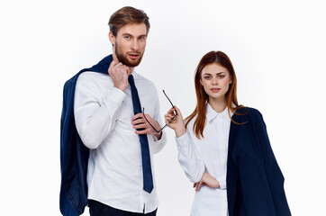 work colleagues man and woman in suits finance