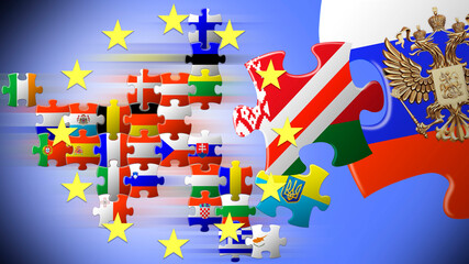 Puzzle map of the EU countries. Flags of the EU countries. Unification of Europe. The aspiration of Belarus and Ukraine to the European Union. Aggressive policy of Russia. 3D image.