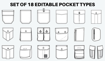 Patch pocket flat sketch vector illustration set, different types of Clothing Pockets for jeans pocket, denim, sleeve arm, cargo pants, dresses, garments, Clothing and Accessories - obrazy, fototapety, plakaty