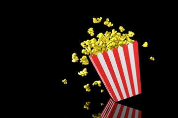 Flying popcorn from paper striped bucket isolated on black background, concept of watching TV or cinema.3d illustration.