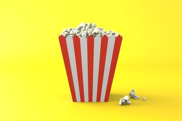 Popcorn from paper striped bucket isolated on yellow background, concept of watching TV or cinema.3d illustration.
