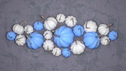 Obraz premium Beautiful composition of blue and white pumpkins on a gray background. Cartoon style. Flat Lay, copy space, top view. 3d illustration.