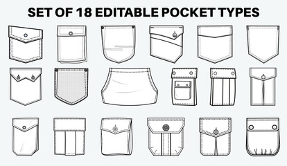 Patch pocket flat sketch vector illustration set, different types of Clothing Pockets for jeans pocket, denim, sleeve arm, cargo pants, dresses, garments, Clothing and Accessories - obrazy, fototapety, plakaty
