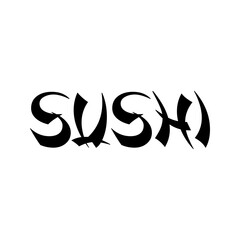 Banner con palabra Sushi en alfabeto decorativo de estilo asiático