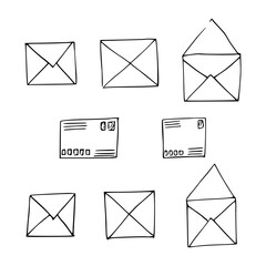 Hand drawn mail, post, letter, envelope. Doodle elements. Mail and post icon in sketch style