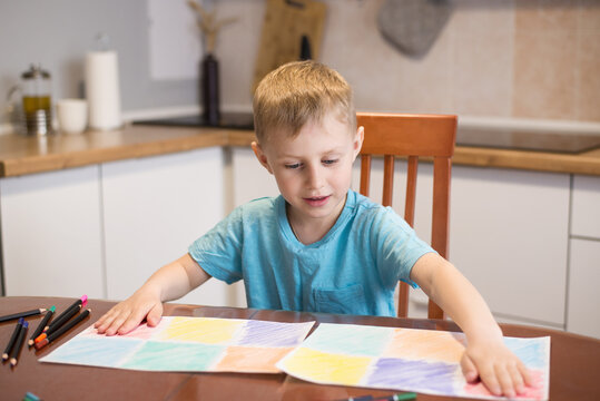 The Child Boy Does Tasks For The Development Of Logical Thinking, Classes With A Speech Therapist At Home, Neuropsychology, Autism, Homework.