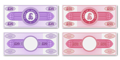 A set of fictional paper money of England. Obverse and reverse of 20 and 50 pounds banknotes or certificates - obrazy, fototapety, plakaty