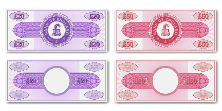 A set of fictional paper money of England. Obverse and reverse of 20 and 50 pounds banknotes or certificates