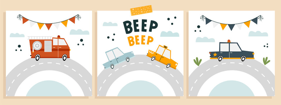 Posters with simple childish, cartoon style cars and lettering Beep beep. Hand drawn geometric car, police car, fire truck, flags, road and letters. For nursery posters, cards, boys bedroom decor.	