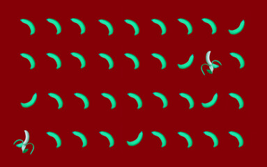 Pop Art Surreal Style Rows of Mint Green Skin Fresh Banana on Chocolate Brown Background