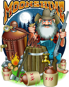 cartoon caricature of hillbilly with moonshine distillery