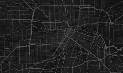 Dark grey and black Houston city area vector background map, streets and water cartography illustration.