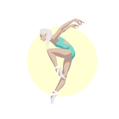 The ballerina is dancing in pointe shoes. Yellow round background