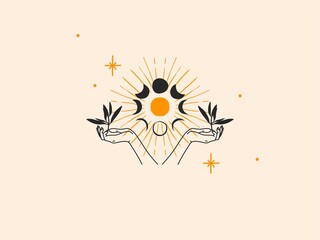 Hand drawn vector abstract stock flat graphic illustration with logo element,bohemian magic line art of gold sun,woman hand and moon phases in simple style for branding,isolated on color background