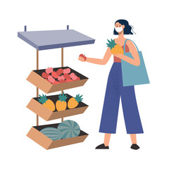 Woman buy vegetables and fruits at farm market vector illustration