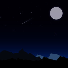 Mountain at night with shooting stars and moon