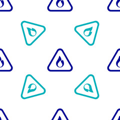 Blue Fire flame in triangle icon isolated seamless pattern on white background. Warning sign of flammable product. Vector