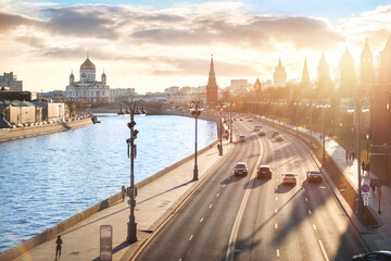 View of the Kremlin embankment, the Moscow Kremlin and the Cathedral of Christ the Savior in Moscow