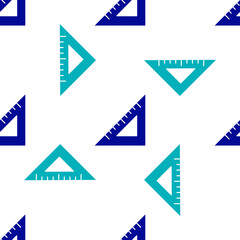 Blue Triangular ruler icon isolated seamless pattern on white background. Straightedge symbol. Geometric symbol. Vector